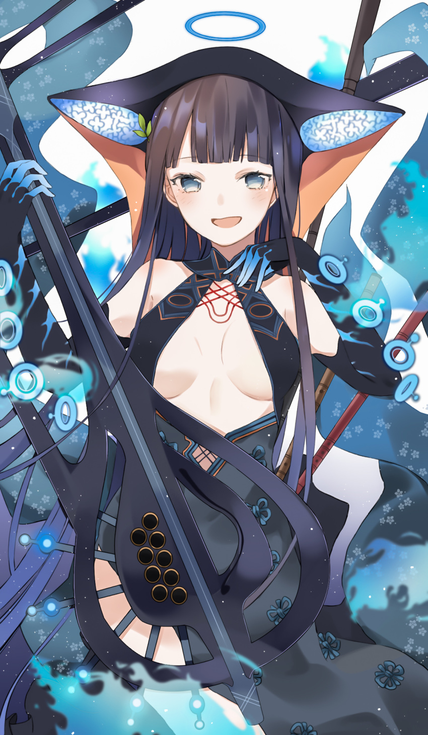 1girl, bangs, bare_shoulders, black_dress, black_gloves, black_headwear, blue_eyes, blunt_bangs, blush, breasts, center_opening, chiho_(pixiv10578873), dress, elbow_gloves, fate/grand_order, fate_(series), flute, gloves, hair_ornament, halo, highres, instrument, leaf_hair_ornament, long_hair, looking_at_viewer, medium_breasts, open_mouth, pipa_(instrument), purple_hair, smile, very_long_hair, white_background, yang_guifei_(fate/grand_order)