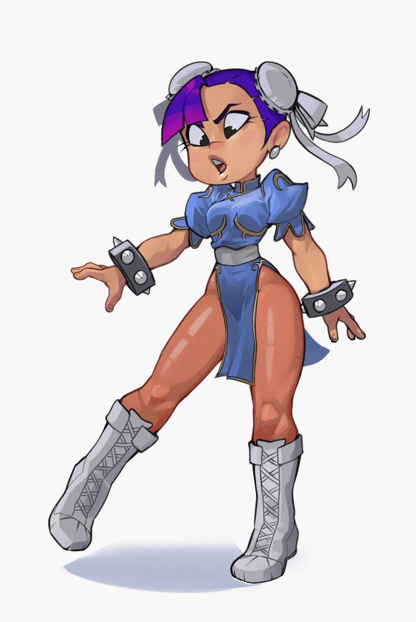 1girl, alternate_costume, black_eyes, blue_dress, boots, bracelet, breasts, brown_legwear