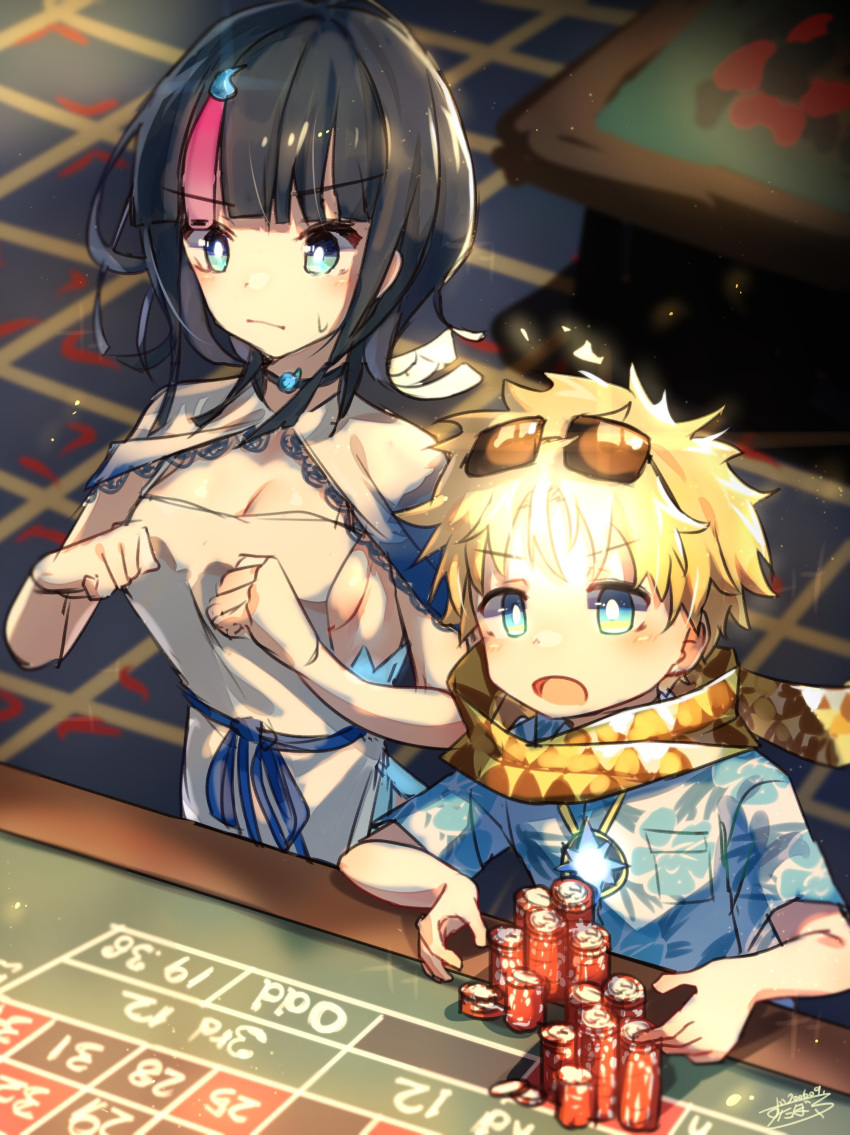 1boy, 1girl, absurdres, blonde_hair, blue_eyes, bright_pupils, cheering, fate/grand_order, fate/requiem, fate_(series), hawaiian_shirt, highres, multicolored_hair, poker_chip, roulette_table, scarf, shirt, streaked_hair, sweatdrop, tile_floor, tiles, utsumi_erise, voyager_(fate/requiem), zutabo2