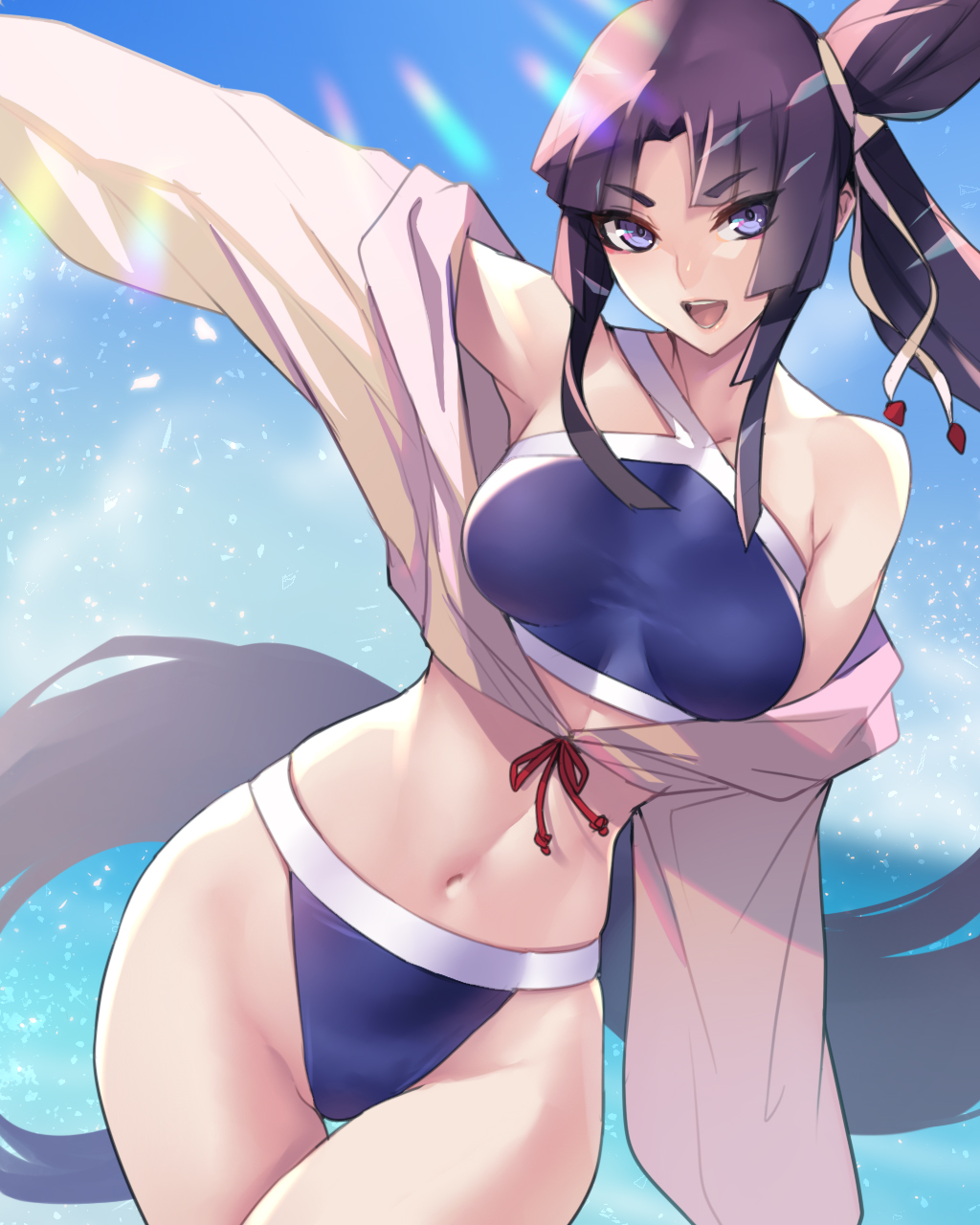 1girl, ban, bangs, bare_shoulders, bikini, black_hair, blue_bikini, blue_eyes