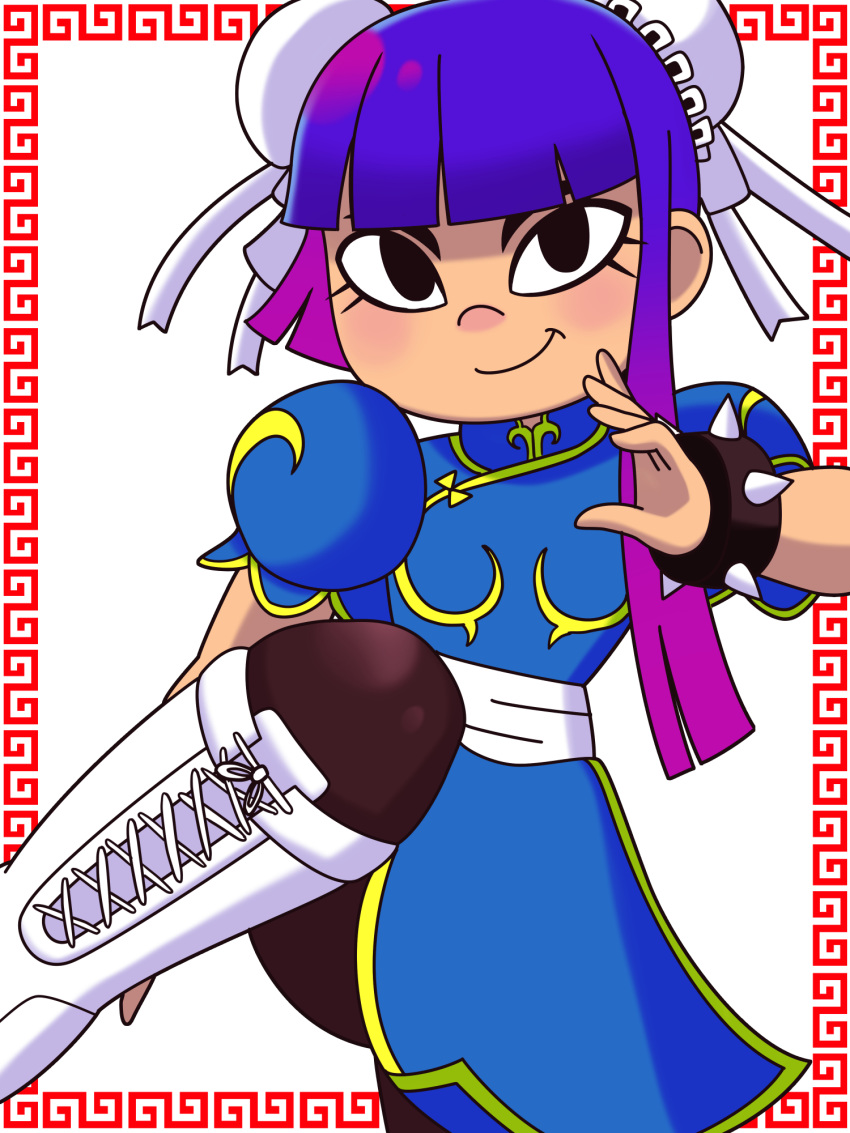 1girl, alternate_costume, black_eyes, blue_dress, boots, bracelet, breasts, brown_legwear