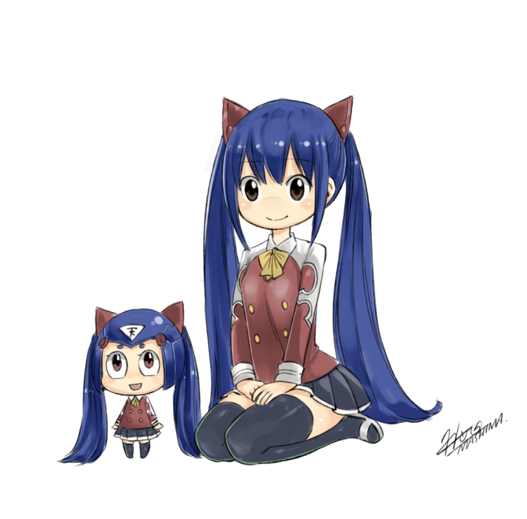 artist_name, black_legwear, black_skirt, blue_hair, brown_eyes, eden's_zero, eyebrows_visible_through_hair, fairy_tail, hair_between_eyes, hands_on_lap, long_hair, mashima_hiro, official_art, open_mouth, pino_(eden's_zero), robot, sandals, seiza, simple_background, sitting, skirt, smile, thigh-highs, twintails, watermark, wendy_marvell, white_background
