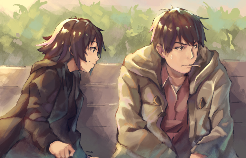 1boy, 1girl, bench, brown_eyes, brown_hair, cigarette, commentary, driftingtiger