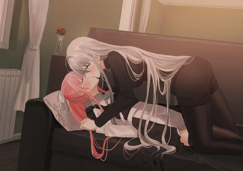 2girls, apron, bangs, black_dress, black_hair, black_legwear, black_shorts, black_sweater