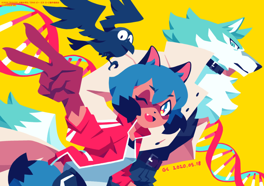 1boy, 1girl, ;d, bird, blue_hair, brand_new_animal, bright_pupils, collar