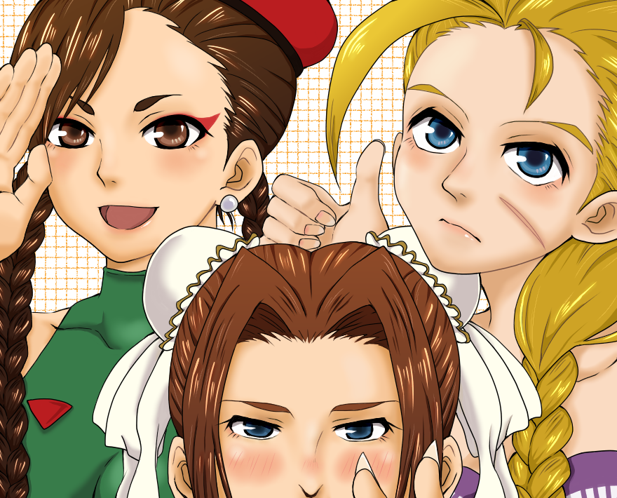1boy, 2girls, alternate_costume, alternate_hairstyle, balrog, balrog_(cosplay), beret, blonde_hair