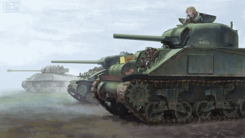 1girl, blonde_hair, caterpillar_tracks, clouds, coca-cola, dhl, girls_und_panzer, ground_vehicle