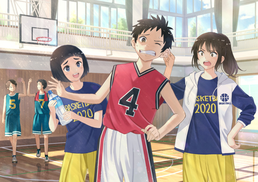2girls, 3boys, bangs, basketball_court, basketball_hoop, basketball_uniform, black_hair, blue_eyes