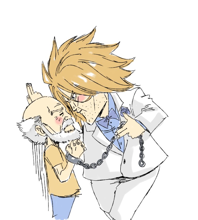 2boys, balding, beard, blue_flower, blue_rose, blush, bound, chain
