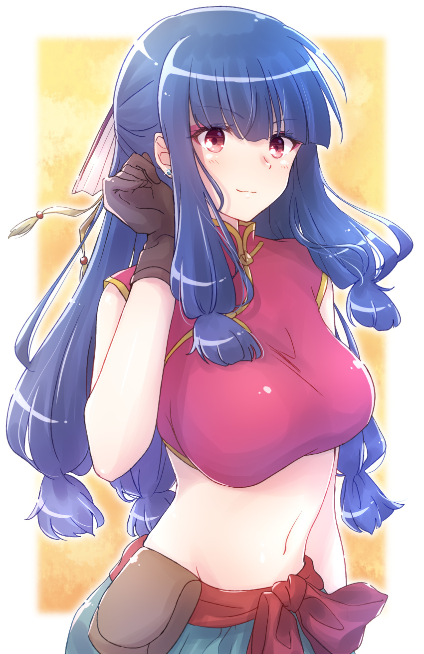 1girl, absurdres, appare-ranman!, bangs, breasts, brown_eyes, brown_gloves, gloves, hand_up, highres, jing_xia_lian, large_breasts, long_hair, looking_at_viewer, midriff, navel, nyaa_(nnekoron), pouch, simple_background, solo, standing, yellow_background