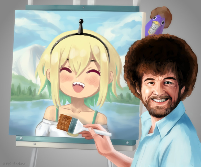 1boy, :d, ^_^, afro, amano_pikamee, animal, bangs, bare_shoulders
