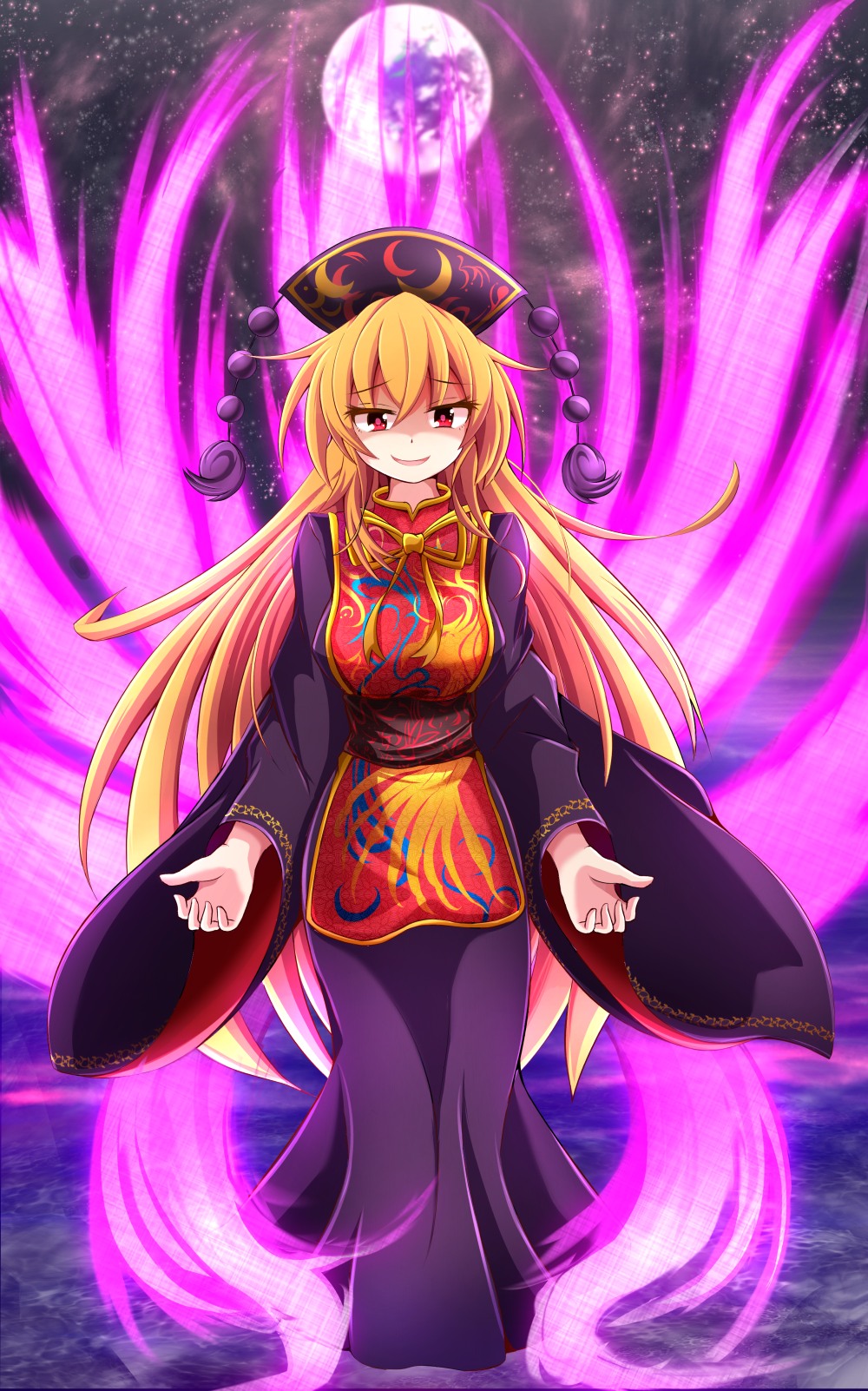 1girl, aospanking, arms_at_sides, black_dress, black_headwear, blonde_hair, blurry, blurry_background, breasts, commentary_request, crescent_print, depth_of_field, dress, energy, eyebrows_visible_through_hair, full_body, full_moon, hair_between_eyes, highres, junko_(touhou), large_breasts, long_hair, long_sleeves, looking_at_viewer, moon, night, night_sky, open_mouth, outdoors, pom_pom_(clothes), red_eyes, sky, smirk, solo, standing, standing_on_liquid, star_(sky), starry_sky, tabard, touhou, tsurime, very_long_hair, water, wide_sleeves