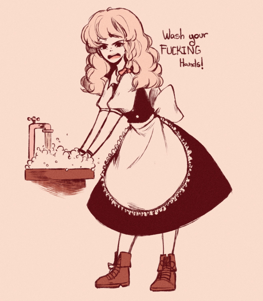1girl, angry, ankle_boots, apron, back_bow, bangs, black_skirt, black_vest