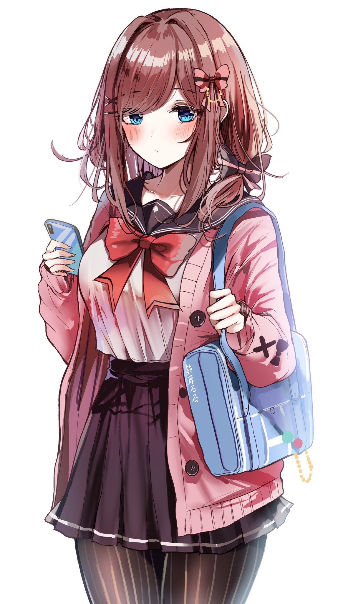 1girl, bag, bangs, black_legwear, black_skirt, blue_eyes, bow, bowtie