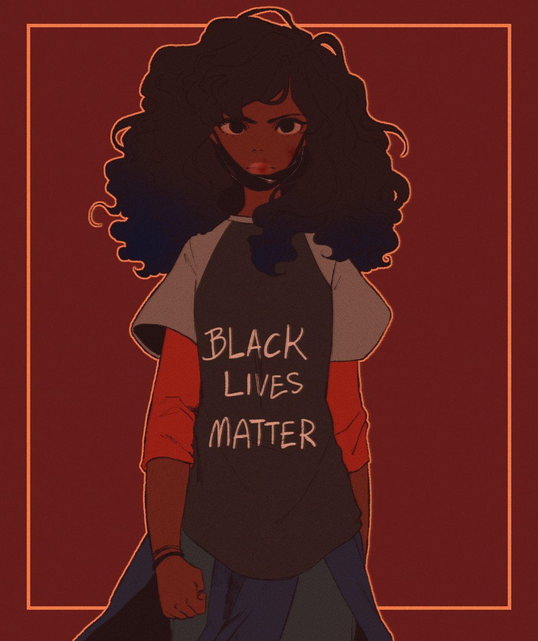 1girl, black_hair, black_lives_matter, black_mask, bracelet, clothes_around_waist, dark_skin, frown
