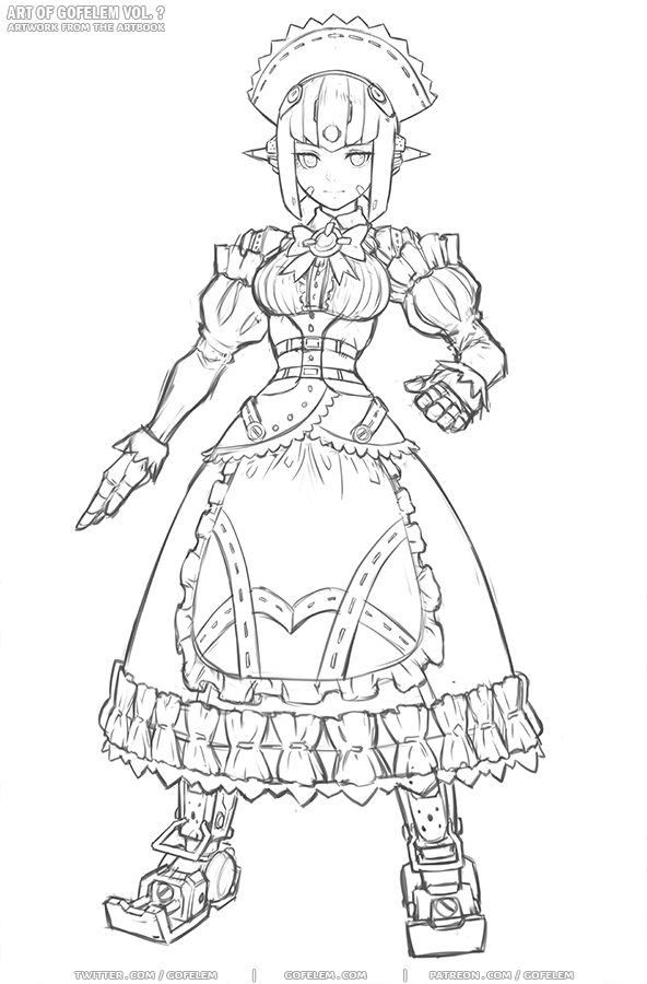 1girl, android, apron, breasts, dress, facial_mark, greyscale, hat, joints, kiku_(xenoblade_2), large_breasts, long_dress, maid, maid_apron, marfrey, monochrome, robot_joints, short_hair, simple_background, sketch, solo, white_background, xenoblade_(series), xenoblade_2