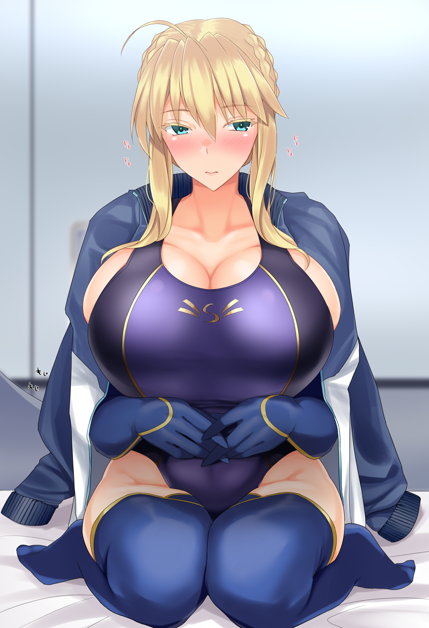 artoria_pendragon_(all), artoria_pendragon_(lancer), blonde_hair, blue_gloves, blue_jacket, blush, breasts, coat