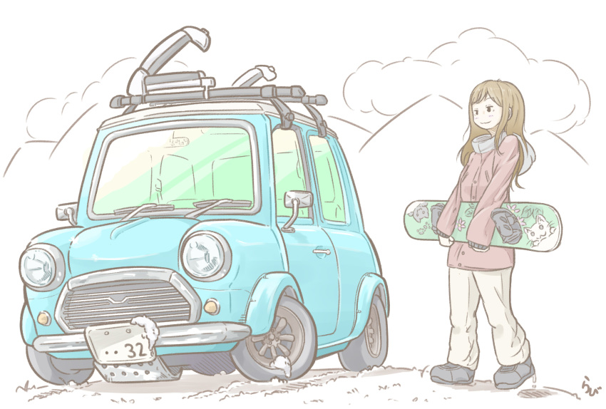 1girl, animal, artist_name, bangs, black_footwear, brown_hair, car, cat