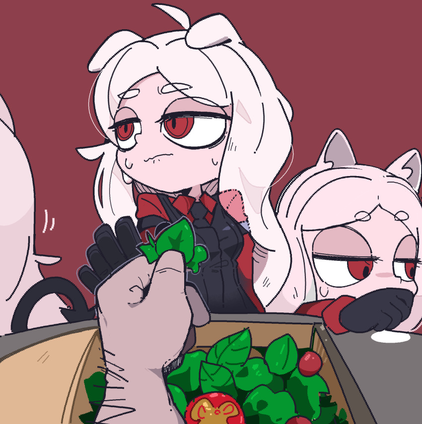 3girls, animal_ears, black_gloves, black_vest, cerberus_(helltaker), collared_shirt, demon_girl, dog_ears
