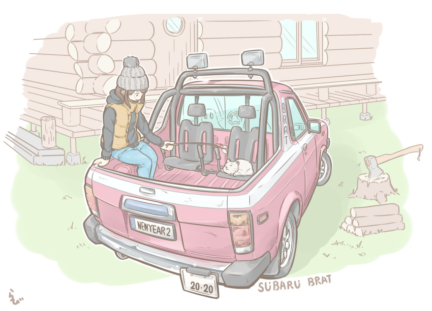 1girl, animal, artist_name, axe, black_jacket, brown_hair, car, cat