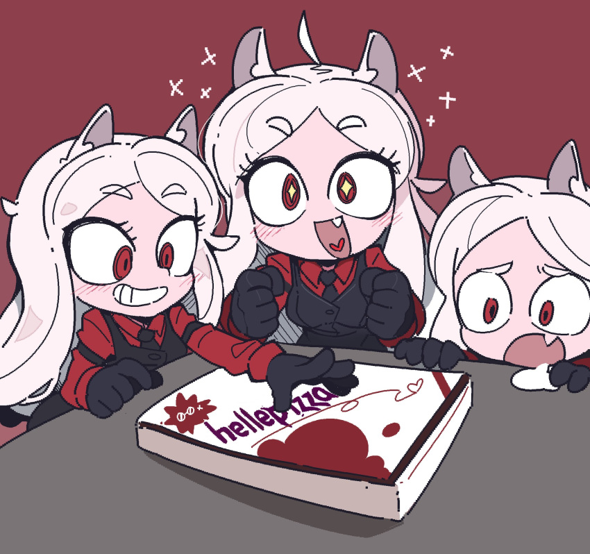 +_+, 3girls, animal_ears, bangs, black_gloves, black_vest, cerberus_(helltaker), collared_shirt