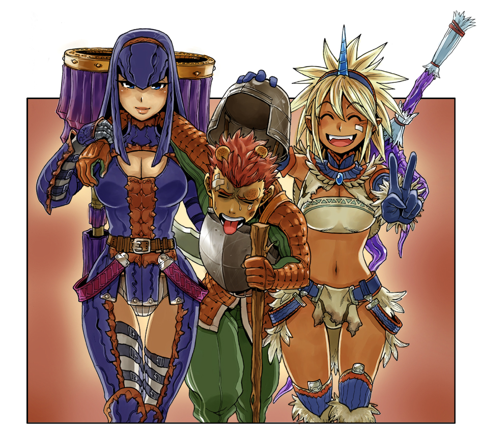 beat, blonde_hair, carry, carrying, dark_skin, gypceros_(armor), hairband, happy