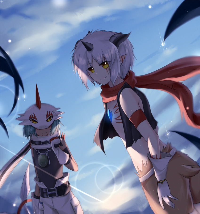 2boys, aegiomon, arm_warmers, armband, bangs, bare_shoulders, belt, belt_collar