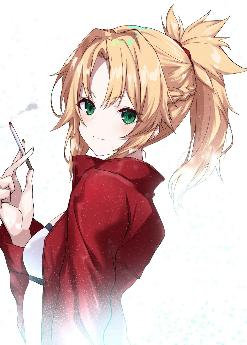 1girl, absurdres, bangs, blonde_hair, blush, braid, breasts, cigarette