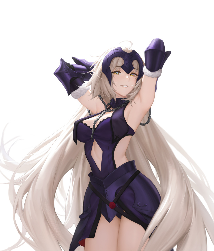 1girl, ahoge, armor, armored_dress, armpits, arms_behind_head, arms_up, bangs
