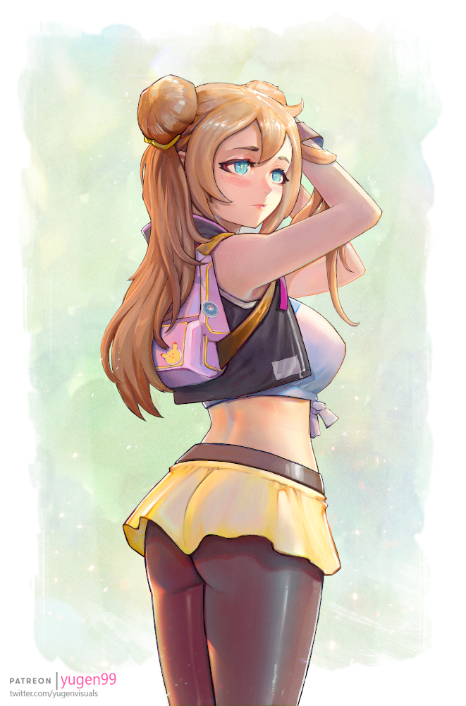 1girl, alternate_hair_color, ass, backlighting, bad_id, bad_twitter_id, black_pantyhose, blush