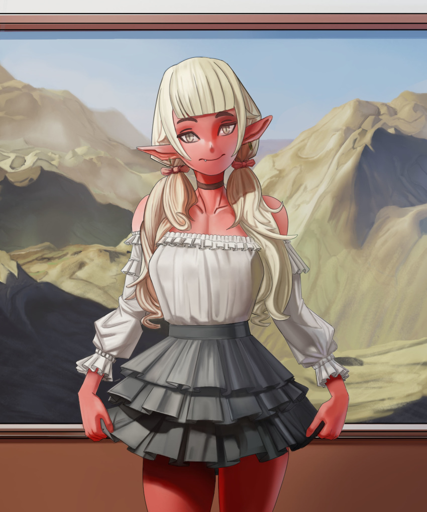 1girl, absurdres, art_gallery, bangs, black_choker, black_skirt, blouse, blunt_bangs