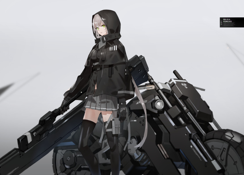 1girl, black_gloves, black_legwear, breasts, cloak, gloves, gradient, gradient_background, green_eyes, grey_hair, ground_vehicle, heavily_armed_high_school_girls, highres, holding, holding_weapon, holster, hood, hood_up, hooded_cloak, ichi_(neco), medium_breasts, motor_vehicle, motorcycle, neco, original, pleated_skirt, short_hair, skirt, solo, standing, thigh-highs, thigh_holster, weapon