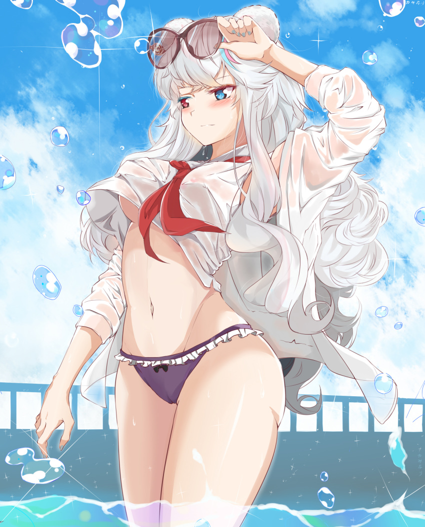 1girl, absurdres, animal_ears, arknights, arm_up, bangs, bear_ears, blue_eyes, blue_nails, blue_sky, blush, breasts, clouds, commentary_request, cowboy_shot, crop_top, day, eyewear_on_head, groin, heterochromia, highres, kaminarichyan, large_breasts, long_hair, long_sleeves, midriff, nail_polish, navel, open_clothes, open_shirt, outdoors, poca_(arknights), red_eyes, red_neckwear, shirt, silver_hair, sky, solo, standing, stomach, sunglasses, thighs, very_long_hair, wading, water, water_drop, white_shirt