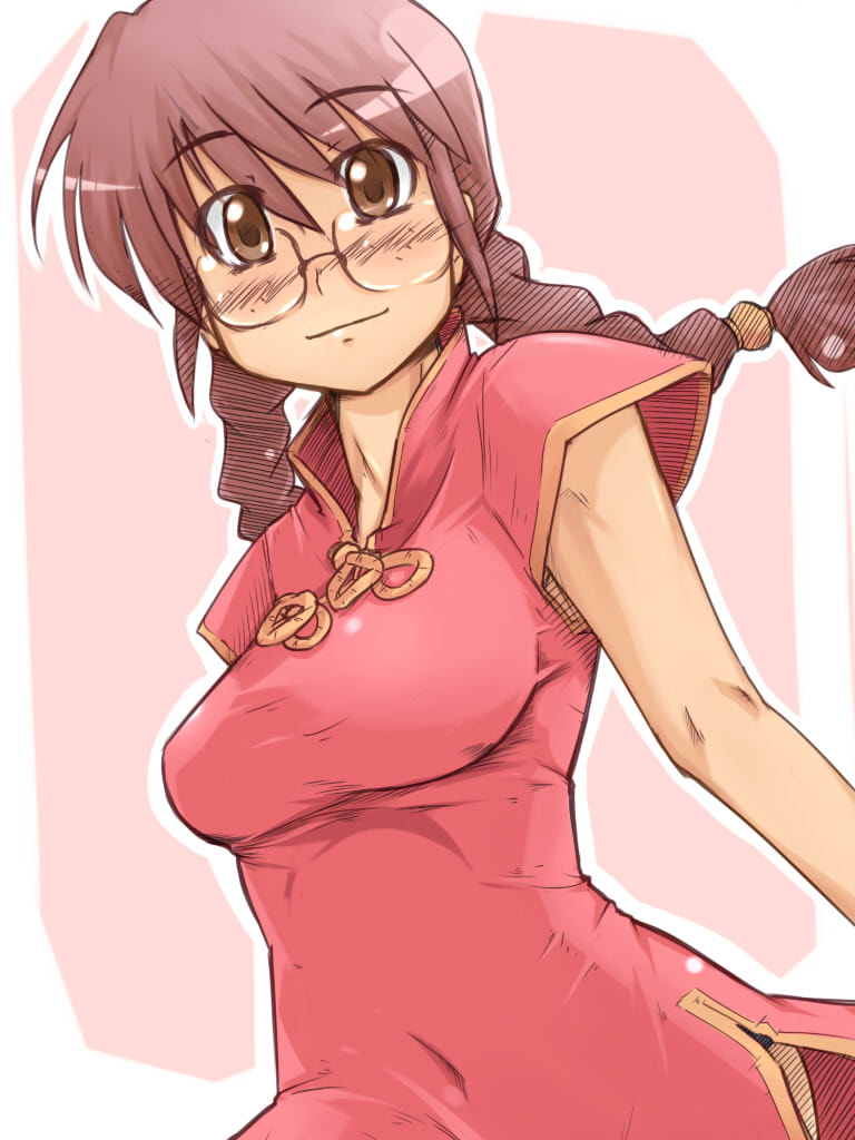 brown_eyes, brown_hair, china_dress, chinadress, chinese_clothes, freckles, glasses, long_hair