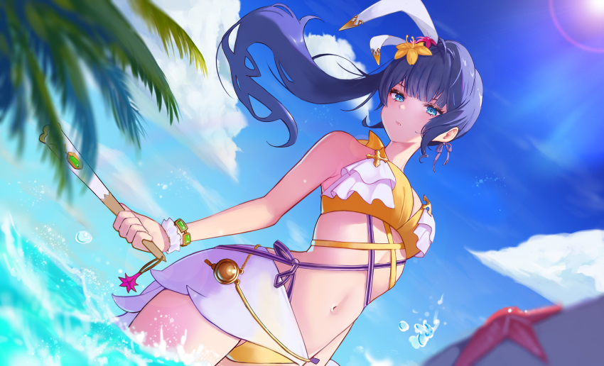 1girl, bangs, bare_arms, bare_shoulders, bellona_(epic7), bikini, blue_eyes, blue_hair