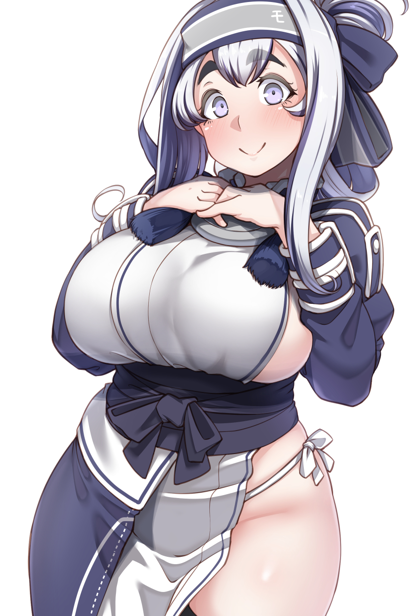 1girl, ainu_clothes, bandana, blue_hair, blue_headband, breasts, commentary_request, cowboy_shot