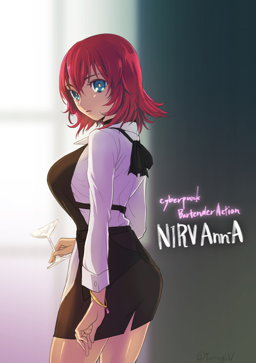 1girl, absurdres, apron, bangle, bartender, black_apron, black_skirt, blue_eyes