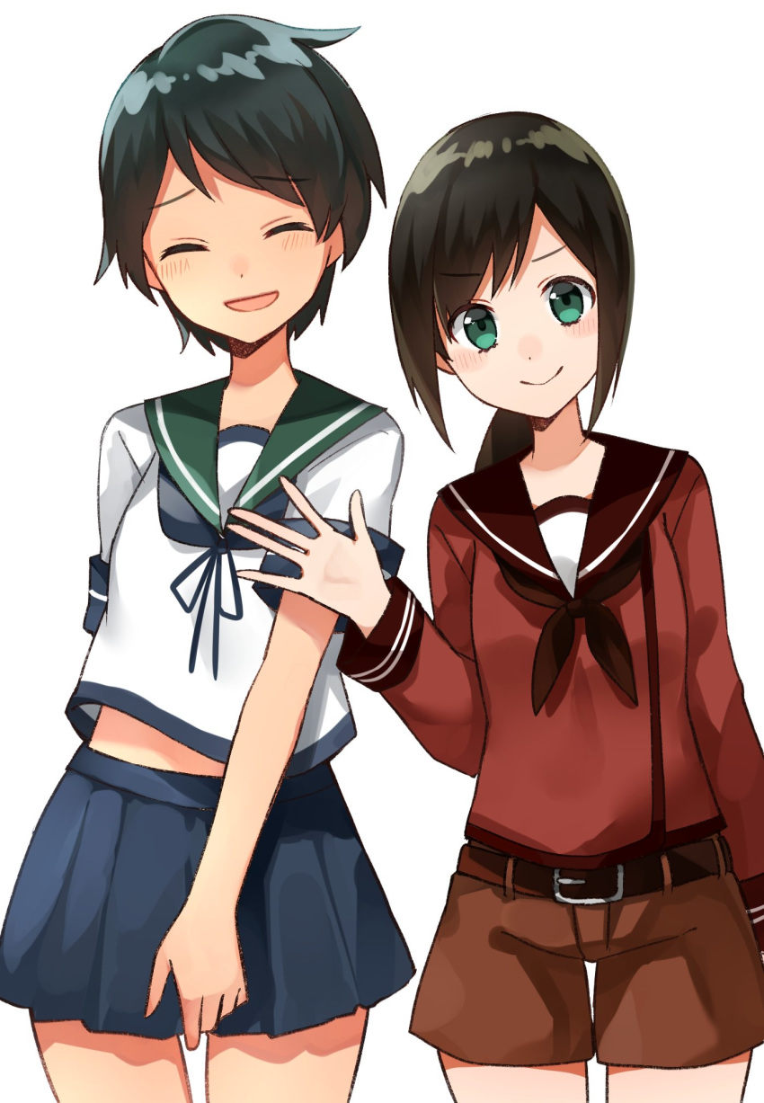 2girls, arm_behind_back, bangs, black_hair, blue_sailor_collar, blue_skirt, brown_sailor_collar, brown_serafuku