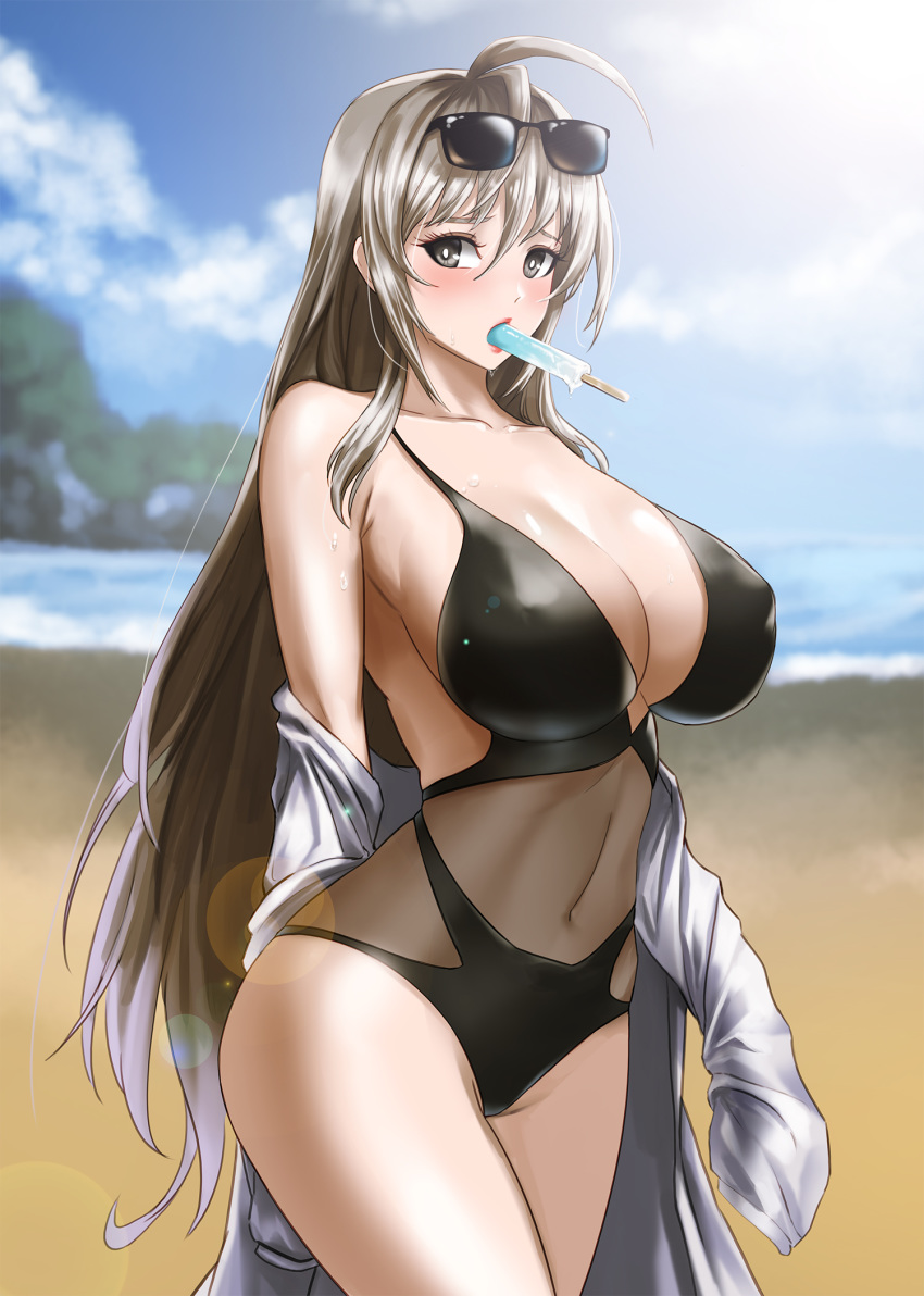 1girl, ahoge, bare_shoulders, beach, blonde_hair, breasts, brown_dust, brown_eyes
