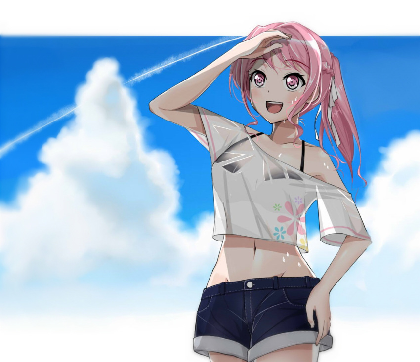 1girl, :d, alternate_hairstyle, bang_dream!, bangs, bare_shoulders, bikini, bikini_top