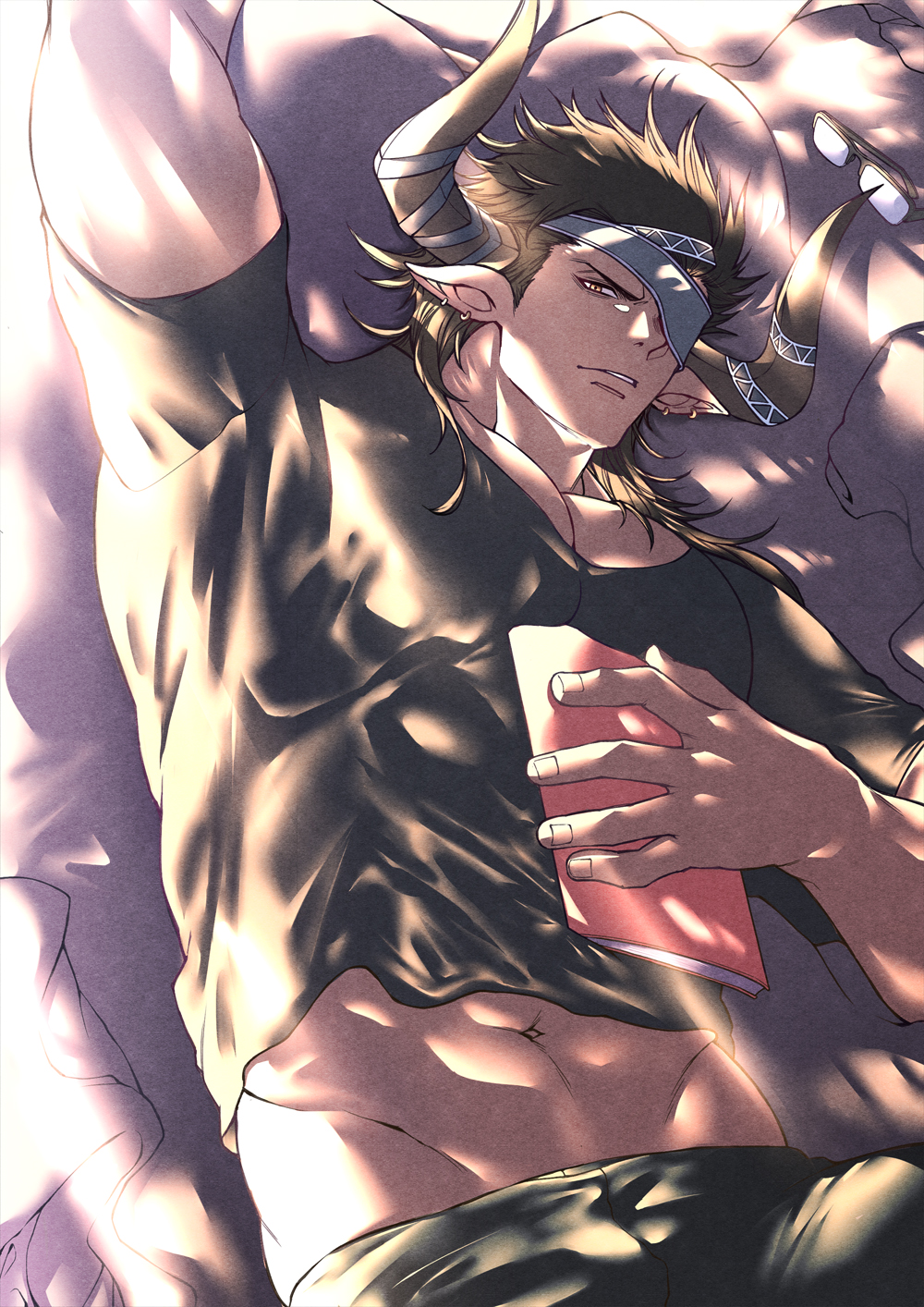 1boy, abs, abs_peek, arm_up, bara, black_hair, chest, dark_skin