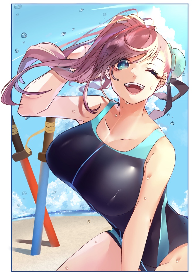 1girl, anmochi_mochi, asymmetrical_hair, bangs, bare_shoulders, beach, black_swimsuit, blue_eyes, blue_sky, blue_swimsuit, breasts, bun_cover, collarbone, fate/grand_order, fate_(series), hair_bun, highleg, highleg_swimsuit, large_breasts, long_hair, miyamoto_musashi_(fate/grand_order), miyamoto_musashi_(swimsuit_berserker)_(fate), one-piece_swimsuit, open_mouth, pink_hair, side_bun, sky, smile, sunlight, swept_bangs, swimsuit, toy_sword, two-tone_swimsuit