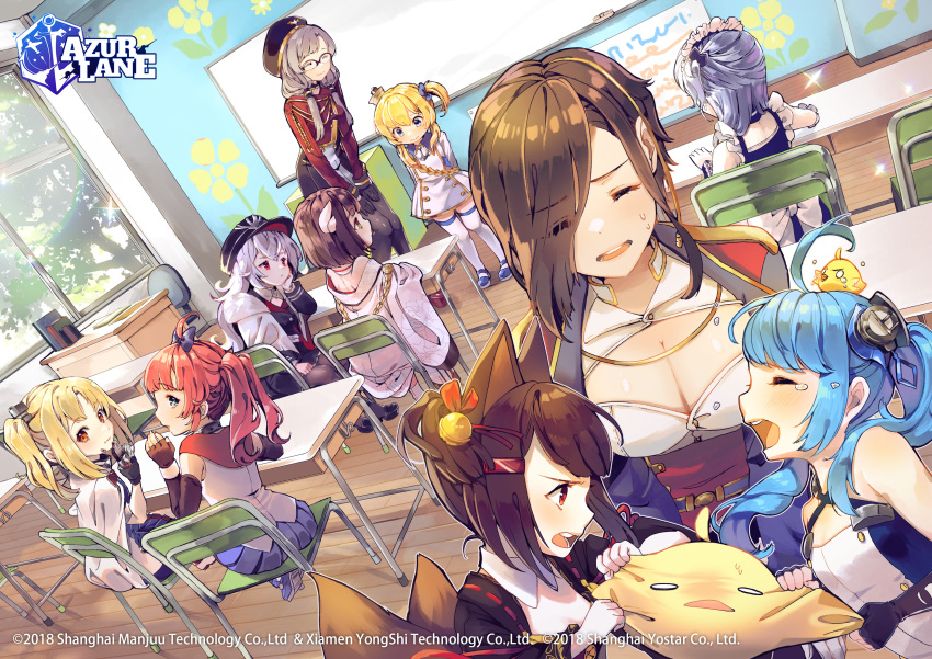 absurdres, akagi-chan_(azur_lane), ark_royal_(azur_lane), azur_lane, belchan_(azur_lane), belfast_(azur_lane), chair, chalkboard
