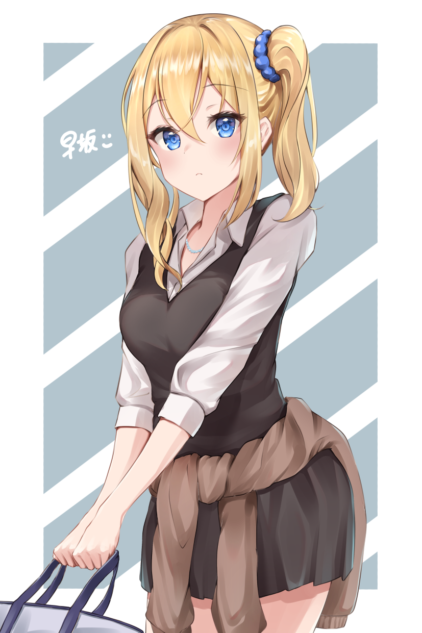 1girl, bag, bangs, black_skirt, blonde_hair, blue_eyes, blue_scrunchie, blush