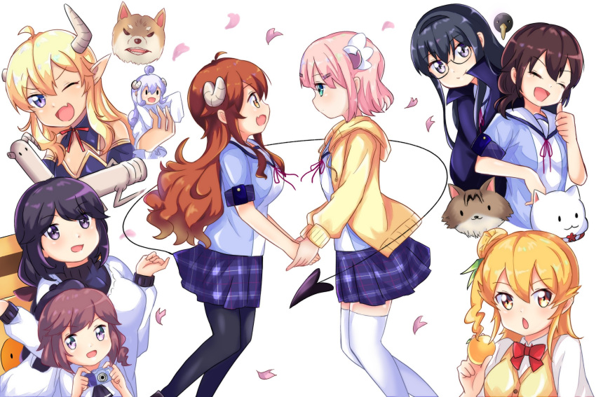 ahoge, black_hair, blush, brown_eyes, brown_hair, camera, cat, chiyoda_momo