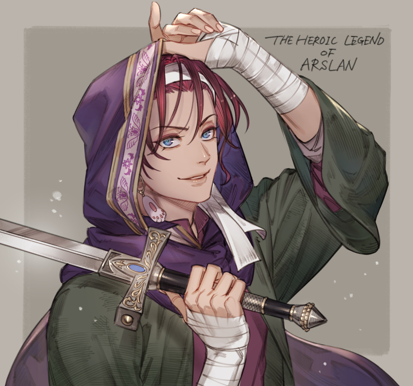 1boy, adjusting_headwear, akakokko_(niro_azarashi), arm_up, arslan_senki, bandaged_arm, bandages, blue_eyes