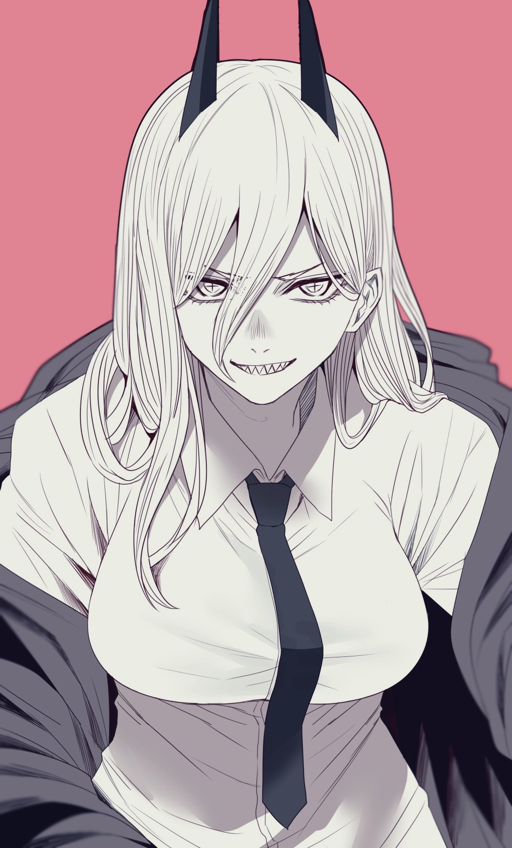 1girl, chainsaw_man, collared_shirt, dress_shirt, grin, hair_between_eyes, highres, horns