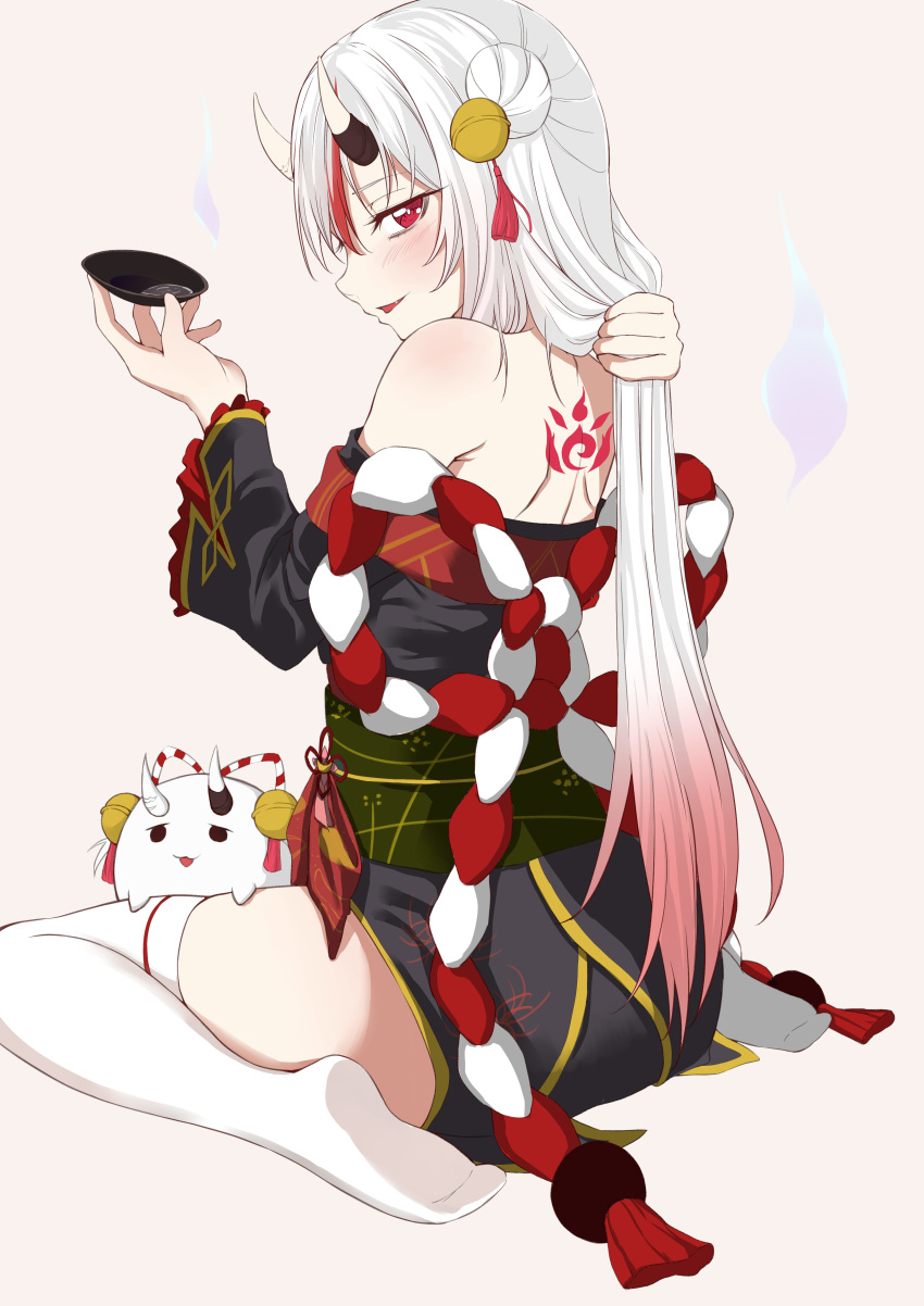 1girl, absurdres, ass, back, back_tattoo, bell, black_kimono, blush