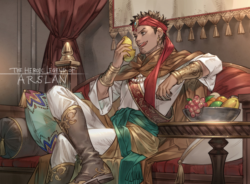 1boy, akakokko_(niro_azarashi), arm_rest, arslan_senki, bead_necklace, beads, beard, black_footwear
