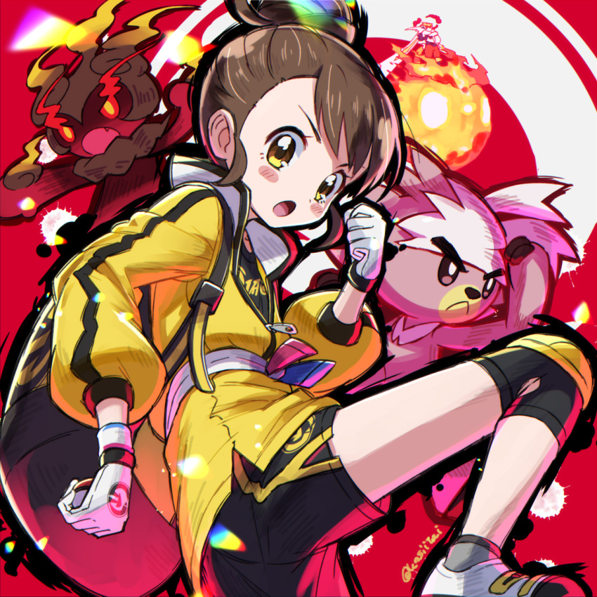 1girl, :o, alternate_hairstyle, backpack, bag, black_shorts, blush_stickers, brown_hair